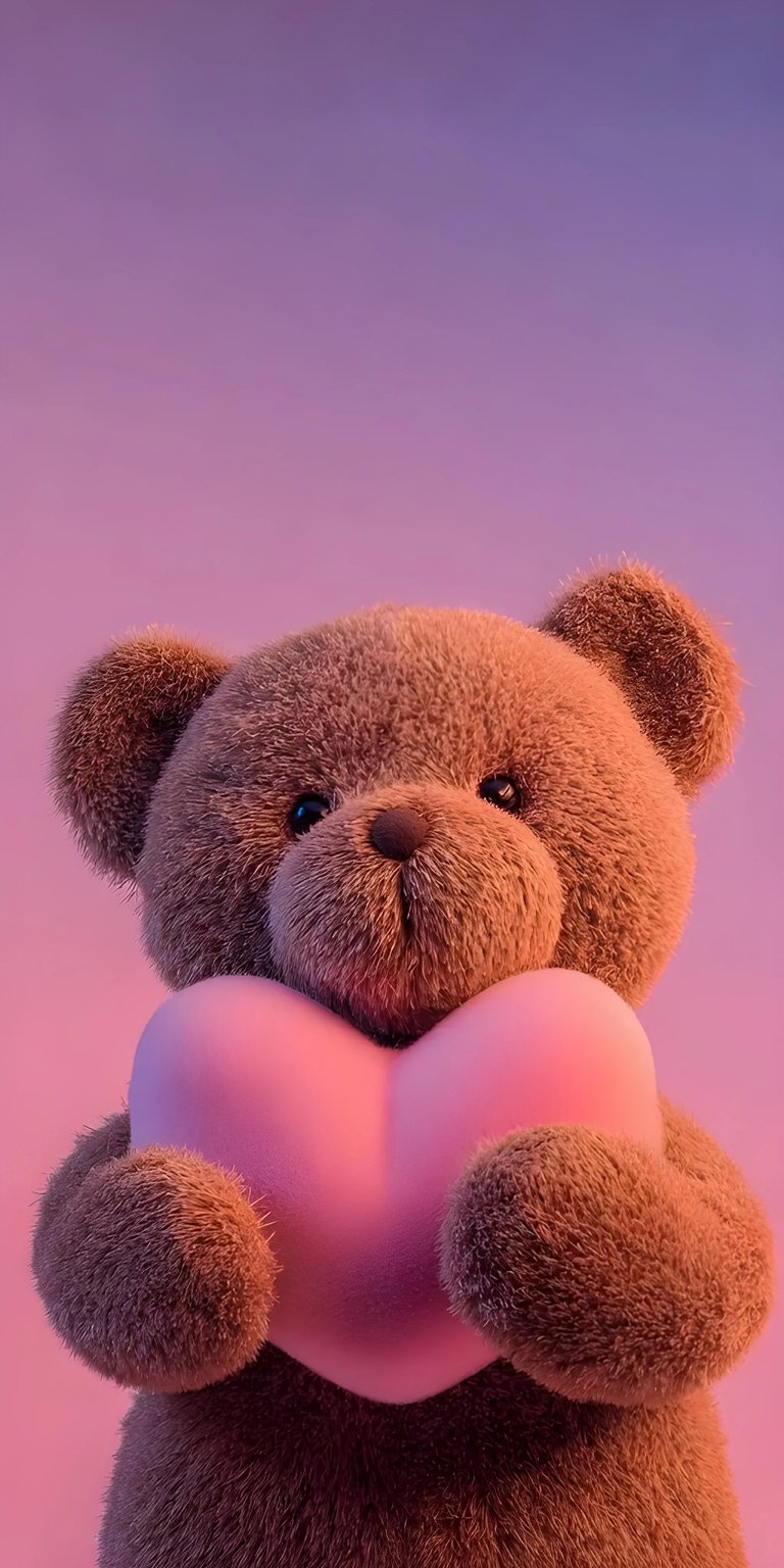 Download this charming Teddy Bear 4K wallpaper for your iPhone! The wallpaper features a fluffy brown teddy bear holding a pink heart against a soft gradient background.