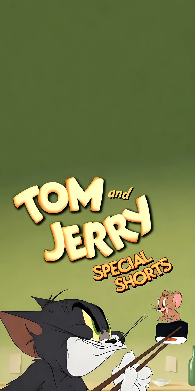 Download this Tom and Jerry wallpaper in 4K for your iPhone, showcasing Tom using chopsticks, with Jerry playfully perched on sushi. This delightful wallpaper also features a olive-green backdrop and a small sake bottle.