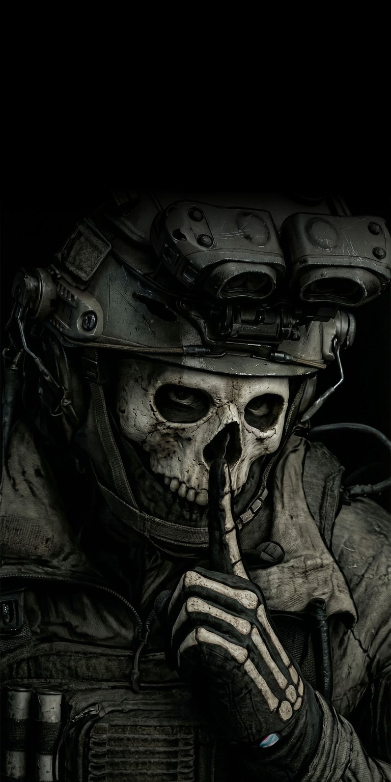 Download this striking Ghost 4K wallpaper for your iPhone, featuring a skeleton-masked soldier in tactical gear signaling silence. This wallpaper highlights the intricate details of the soldier's helmet-mounted night vision goggles and skeleton gloves.