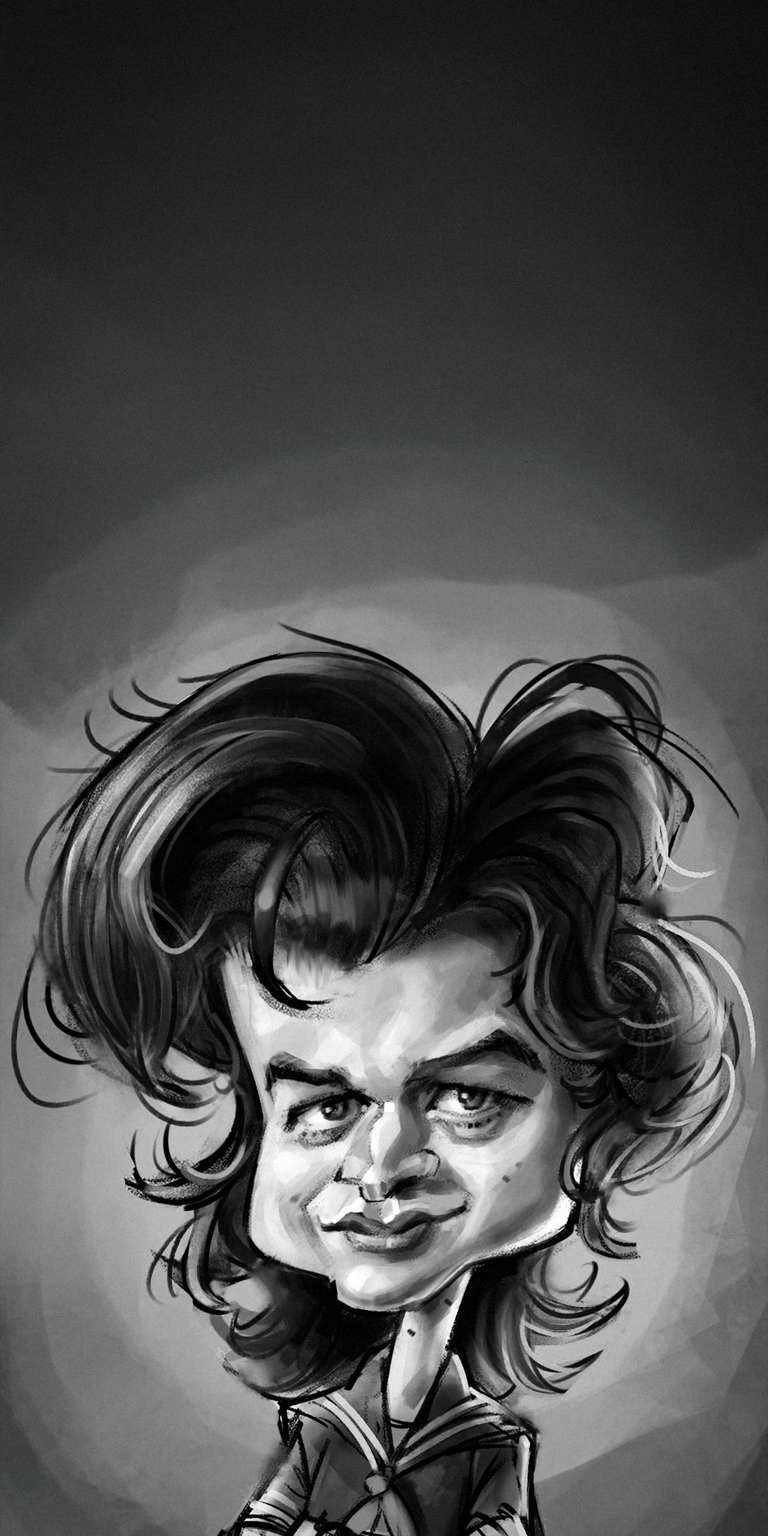 Get this 4K wallpaper for your iPhone featuring Steve Harrington with his signature voluminous hair and sailor uniform. This greyscale wallpaper captures the essence of the iconic character.