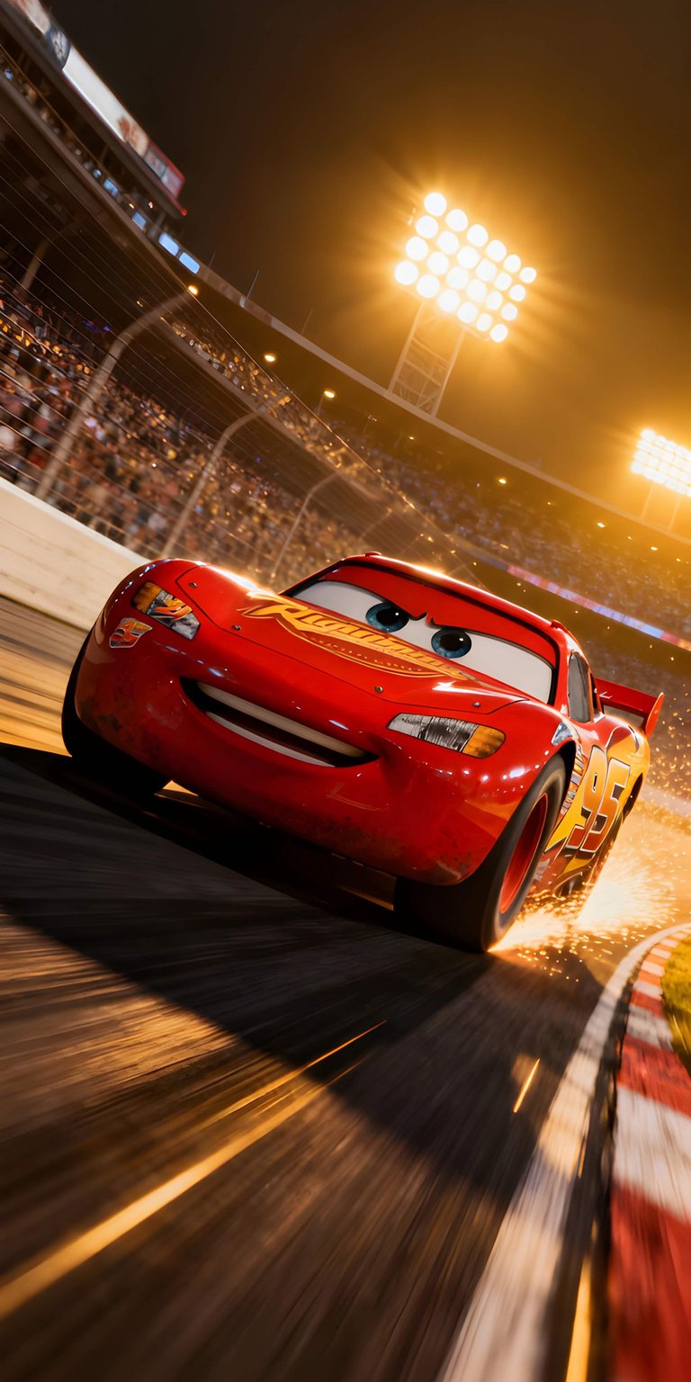 Speed onto your iPhone with this high-octane Lightning McQueen 4K wallpaper featuring the iconic racer on the track. This vibrant movie wallpaper captures the stadium lights and motion of the Piston Cup.