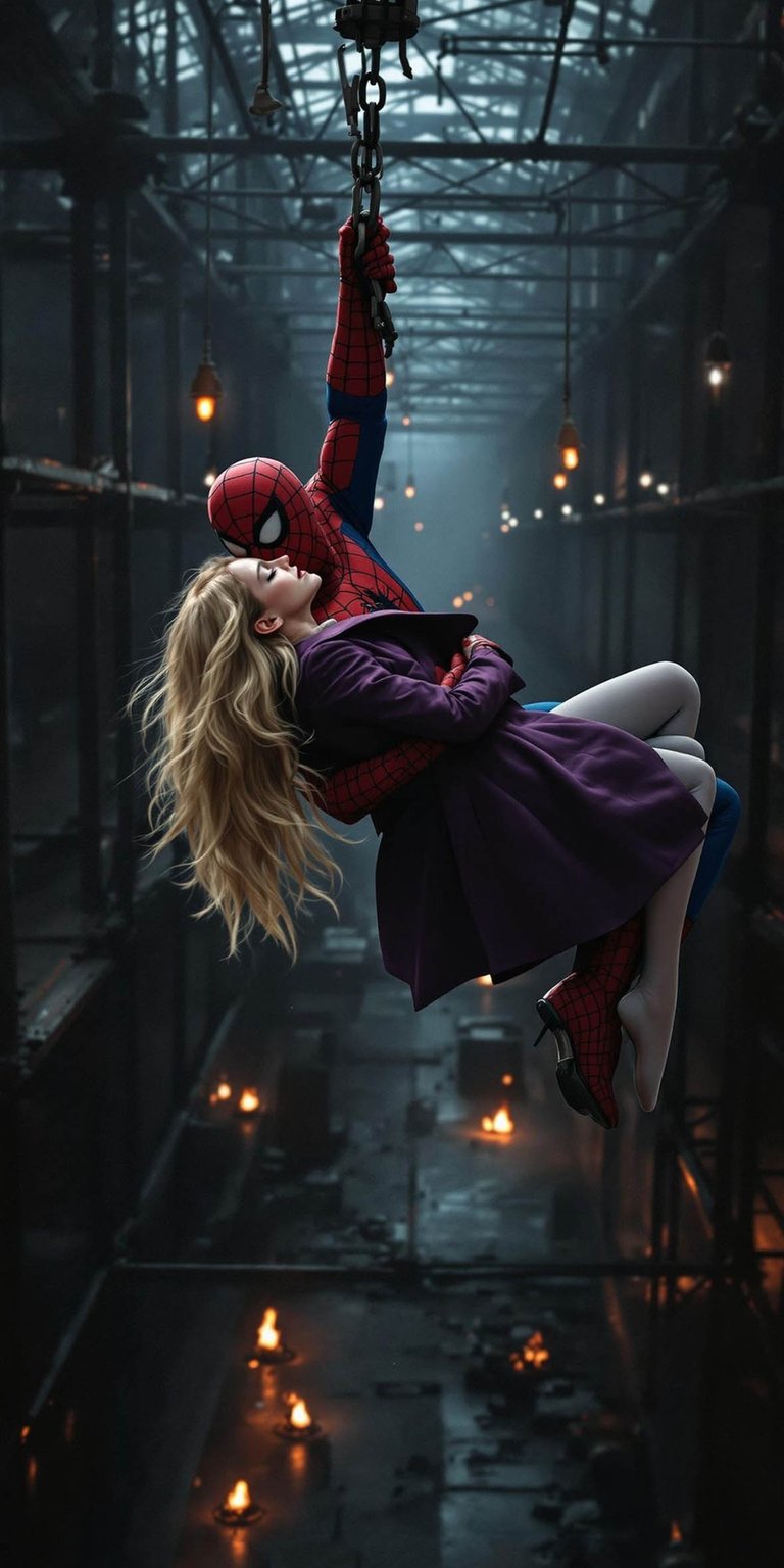 Spider-Man and Gwen Stacy 4K wallpaper in Aesthetic wallpapers style, capturing a cinematic rescue moment suspended in midair with dramatic depth. This wallpaper is optimized for iPhone, featuring dark industrial tones, moody lighting, and an emotional, heroic atmosphere that makes the wallpaper feel cinematic and intense.