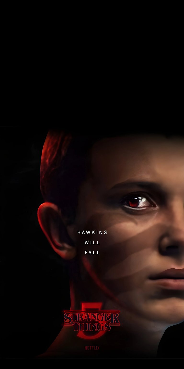 Download this Eleven 4K wallpaper for your iPhone, featuring a close-up of her face with ominous red shadows. This stunning wallpaper also highlights her intense red eye and the 'Stranger Things' logo, adding a dramatic touch to your device.
