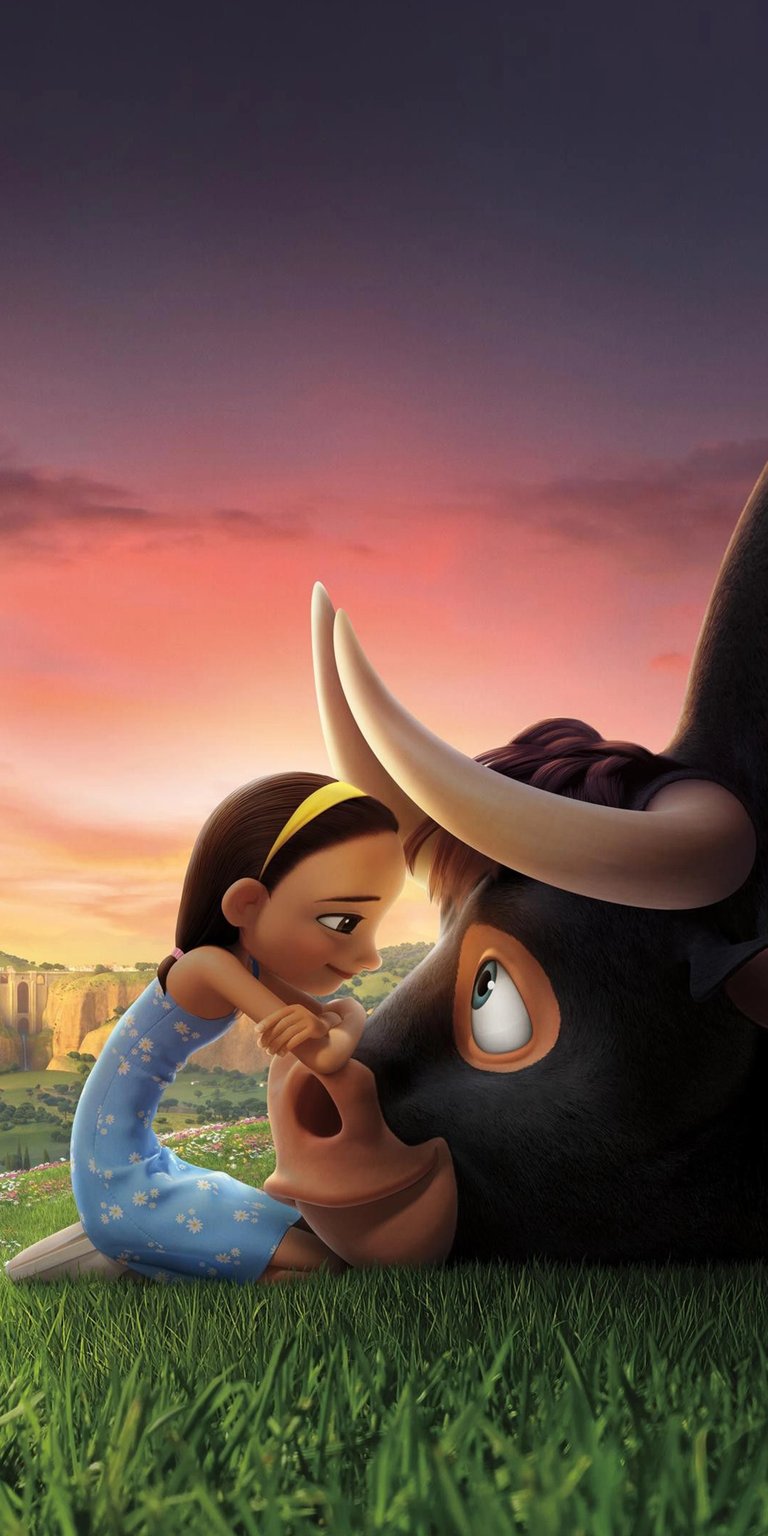 Download this charming Ferdinand 4K wallpaper for your iPhone, showcasing a gentle giant nuzzling a young girl with a yellow headband. Set against a backdrop of a gradient sunset and distant aqueducts, this Ferdinand wallpaper brings a touch of animated warmth to your device.