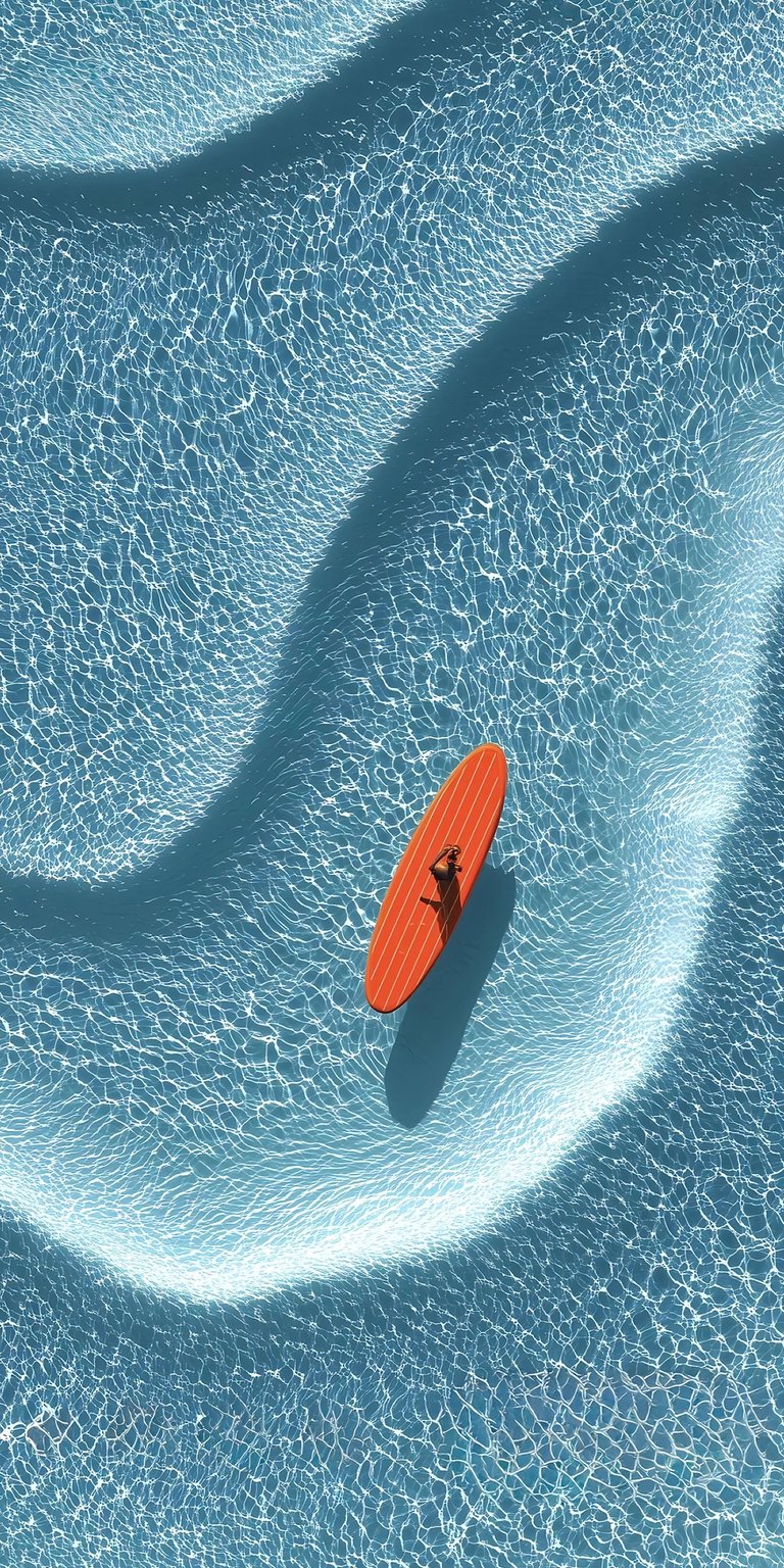 This 4K wallpaper captures the serene beauty of a person on a paddleboard in crystal-clear water, perfect for your iPhone. The vibrant orange board stands out against the mesmerizing water reflections and undulating shadows.