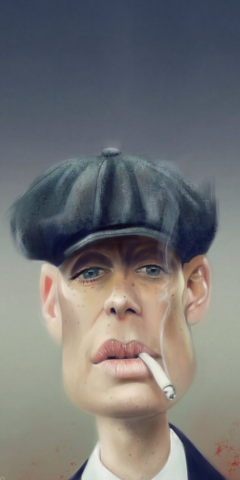 Download this 4K wallpaper of Thomas Shelby for your iPhone, showcasing his distinctive flat cap and the cigarette dangling from his lips. This impressive wallpaper captures a unique caricature.
