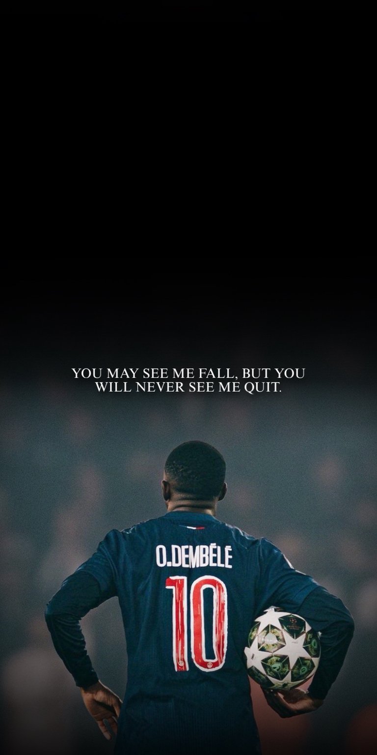 AMOLED wallpapers bring this dark football wallpaper to life on iPhone, featuring Ousmane Dembélé seen from behind holding a ball. This 4K wallpaper uses deep black tones, cinematic lighting, and a moody stadium background for an immersive lock screen wallpaper.