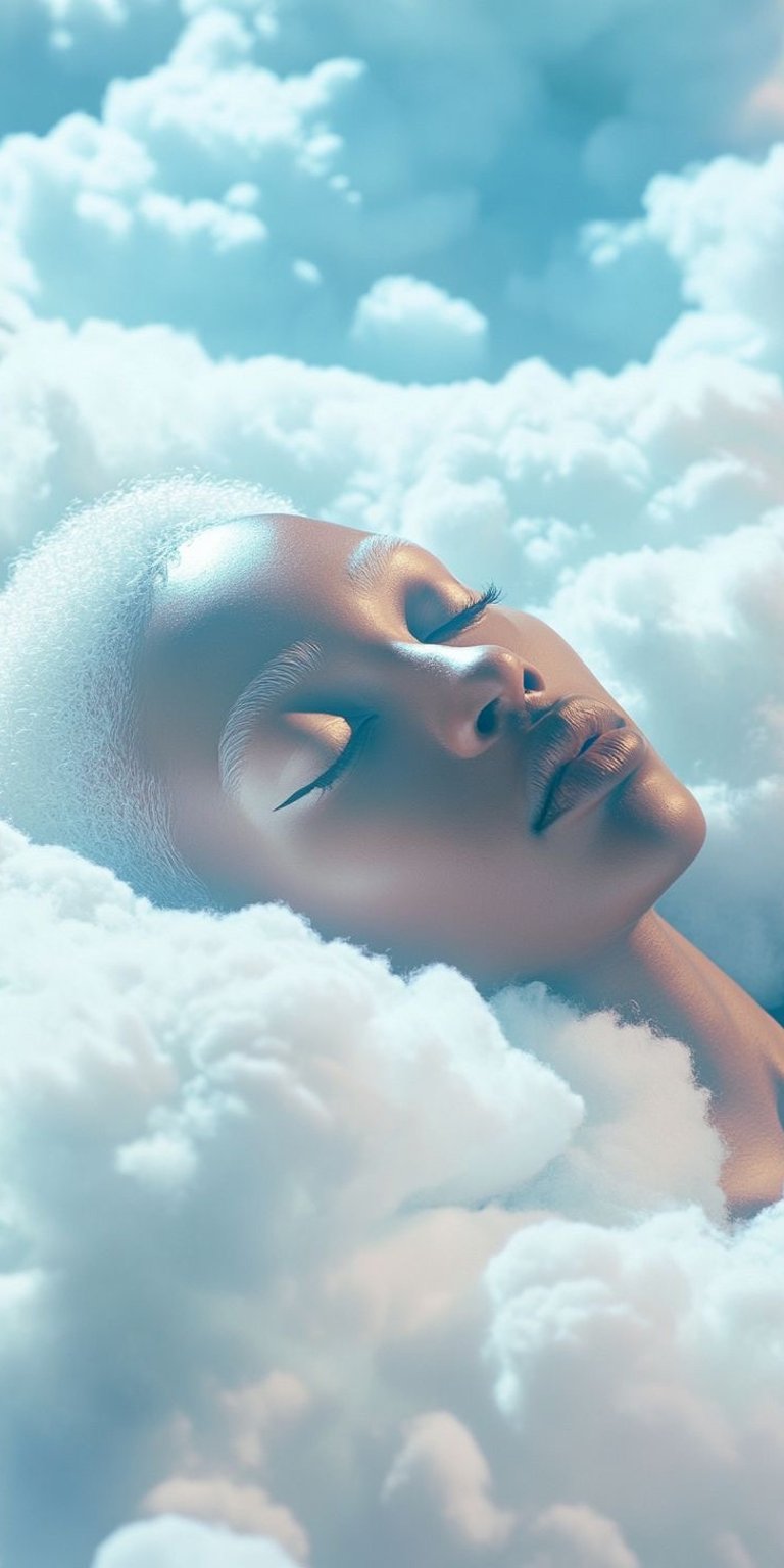 This 4K wallpaper features a stunning AI-generated portrait of a woman with white hair emerging from soft, glowing clouds. Transform your iPhone screen with this ethereal wallpaper that showcases delicate lighting and a serene, dreamlike atmosphere.
