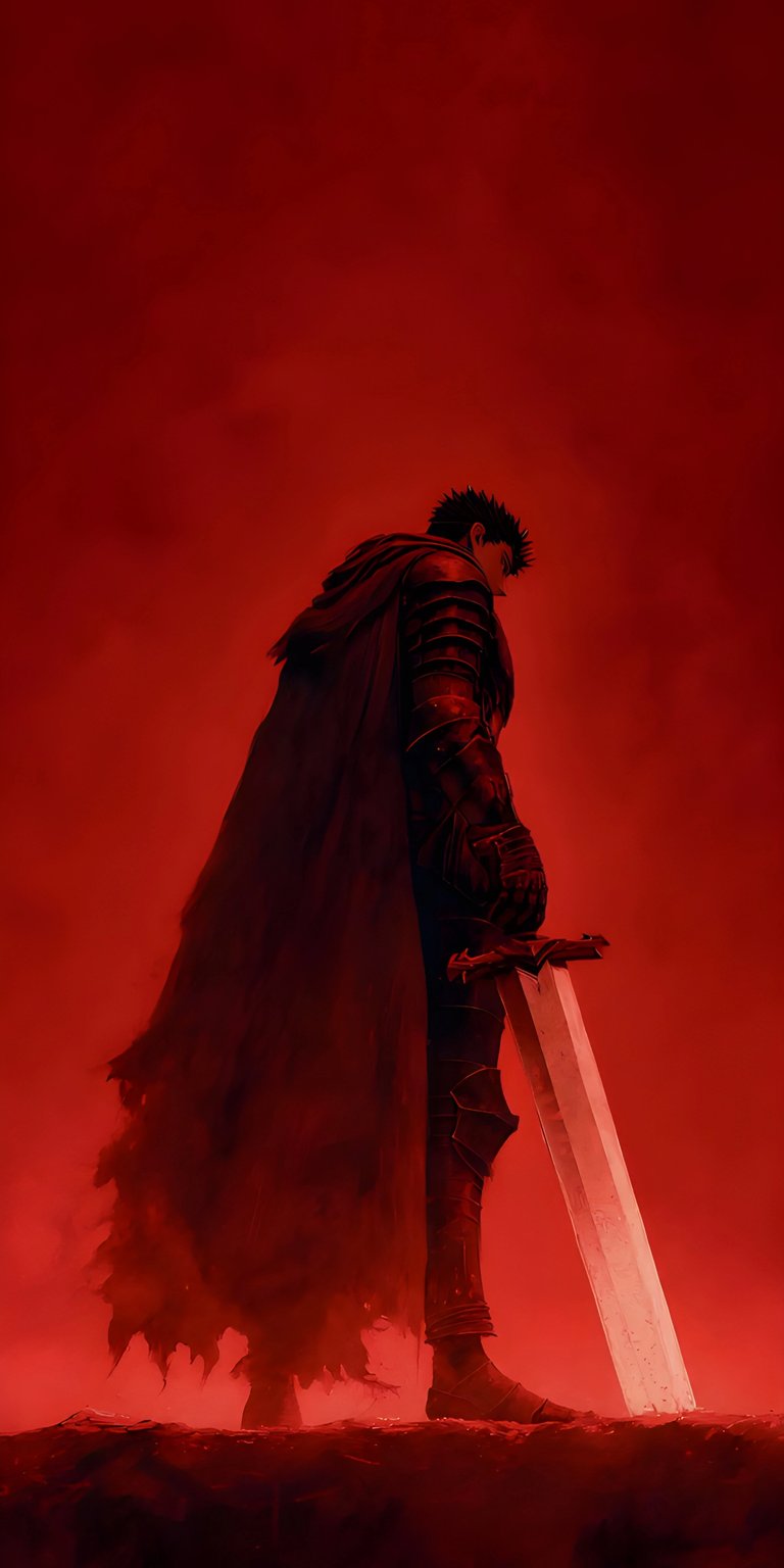 Download this striking Guts 4K wallpaper for your iPhone! The brooding warrior stands in stark armor against a fiery red sky, his massive sword gleaming with deadly potential, as his cape flows behind him.