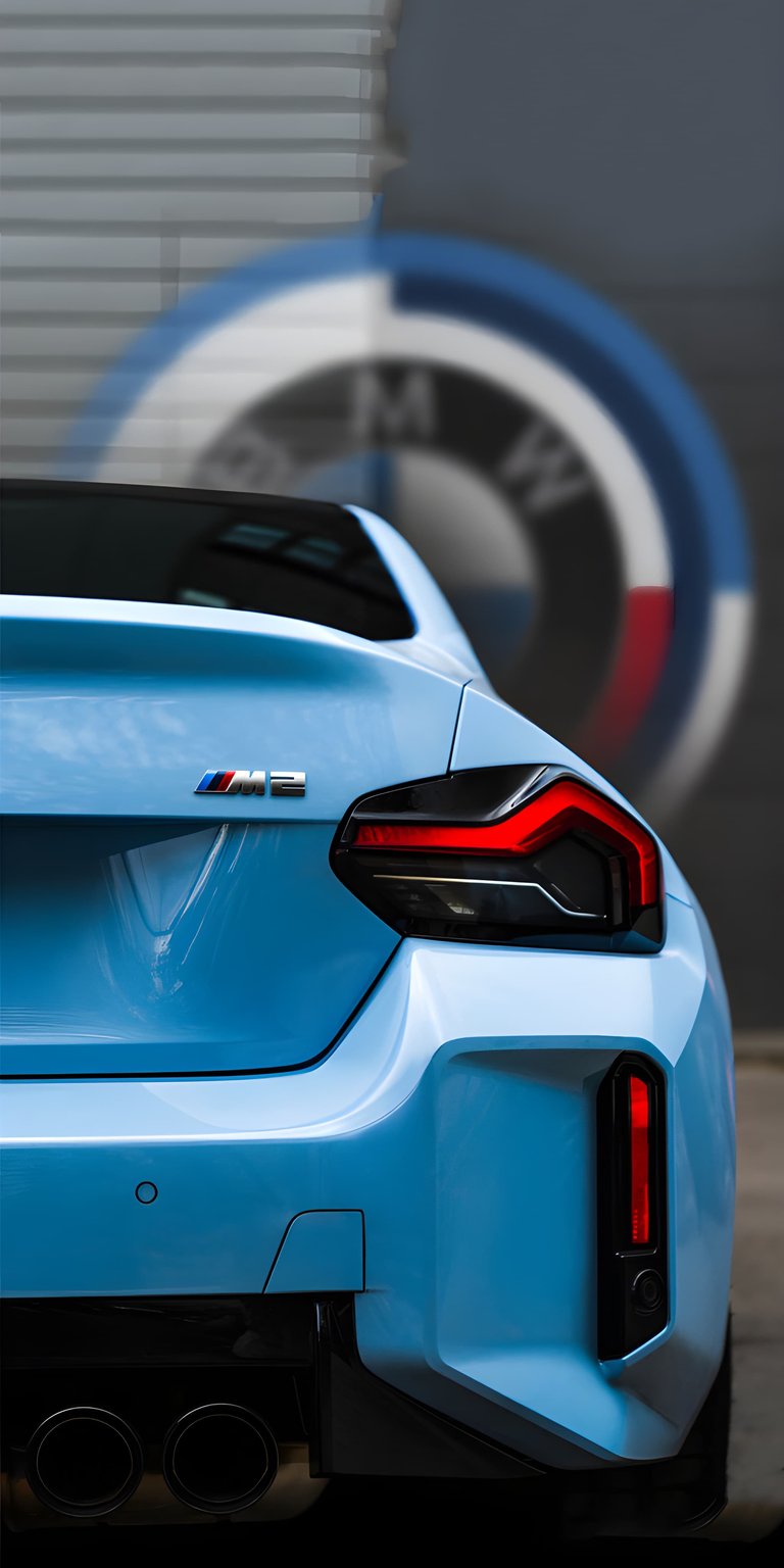 This 4K wallpaper features the striking rear profile of a light blue BMW M2 against a blurred M-series logo background. The high-contrast aesthetic wallpapers design highlights the sharp LED taillights and quad exhaust tips, making it a perfect fit for an iPhone lock screen.