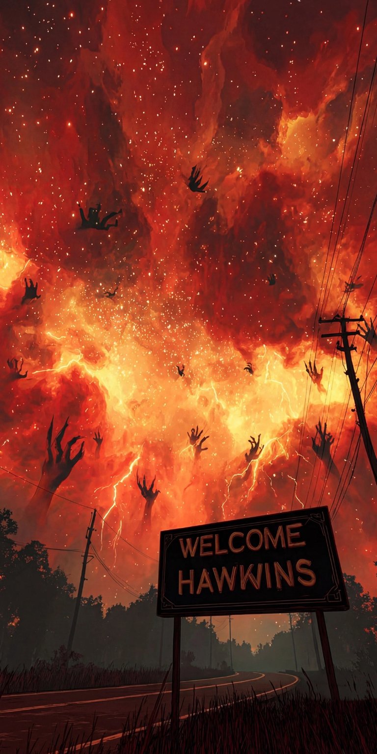 Transform your iPhone with this eerie Hawkins 4K wallpaper. The apocalyptic sky features dark figures falling amidst lightning strikes and grasping hands reaching down.
