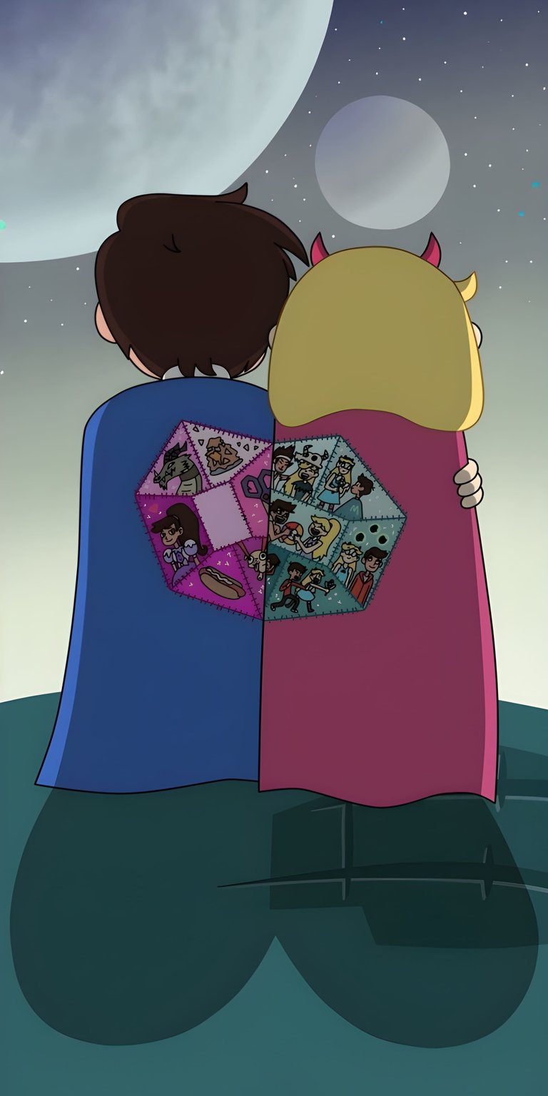 Star Butterfly and Marco Diaz 4K wallpaper featuring the two animated characters sitting side by side under a large glowing moon with soft pastel night tones. This aesthetic wallpaper looks clean and emotional on iPhone lock screen and home screen.