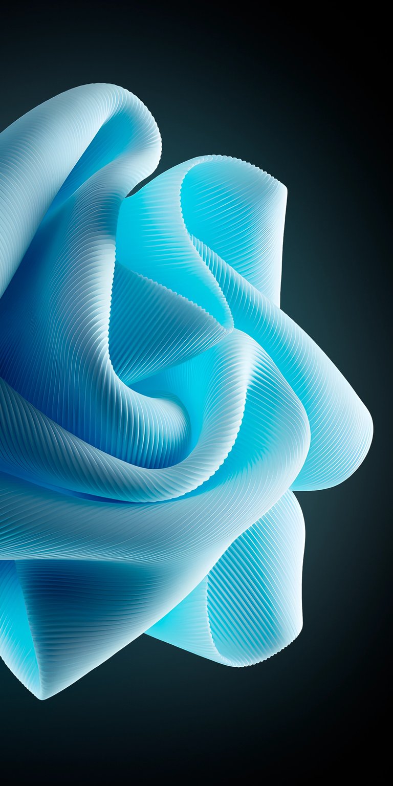 This stunning abstract wallpaper in 4K resolution is perfect for your iPhone, showcasing a light blue, ribbon-like form with a subtle linear texture. The flowing design against a dark background creates a mesmerizing visual.