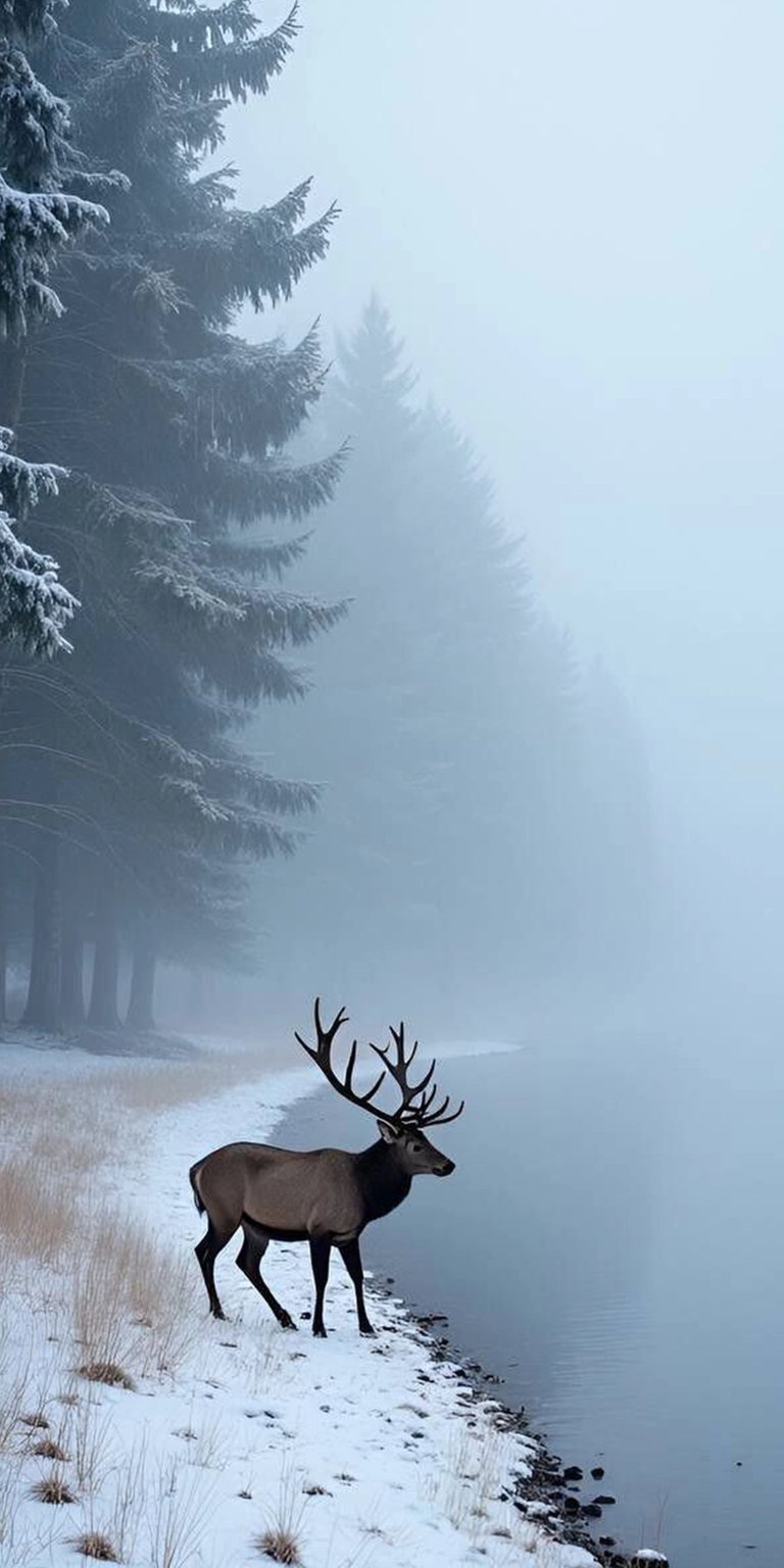 Download this stunning 4K Elk wallpaper for your iPhone, featuring a majestic elk standing by a foggy lake with snow-covered pines. The animal's impressive antlers and dark neck contrast beautifully with the wintery scene, making it the perfect wallpaper.
