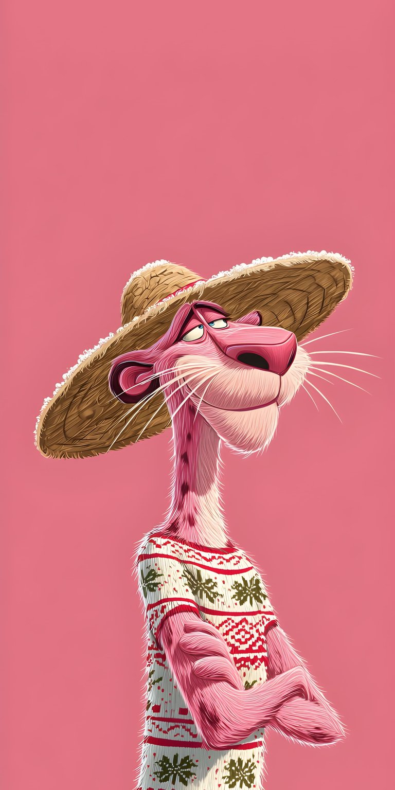 A stylish Pink Panther 3D wallpaper featuring the character in a sombrero and patterned sweater. This vibrant lock screen is perfect for a playful iPhone aesthetic.