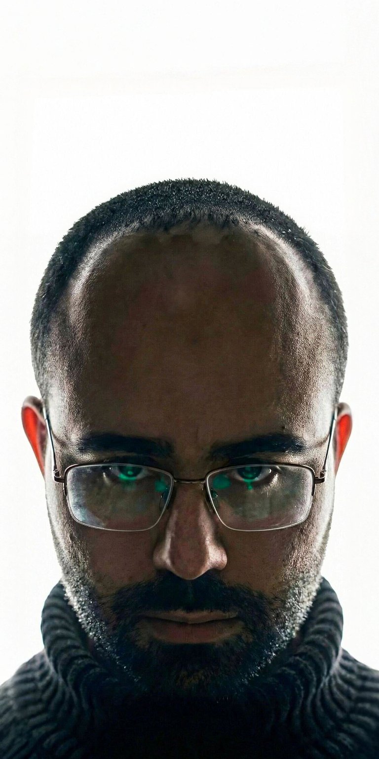 An intense aesthetic wallpaper for iPhone featuring a sharp close-up of Danny Slicer’s face. This high-contrast wallpaper emphasizes his glasses and bearded features against a clean white background, creating a bold and focused mobile background.