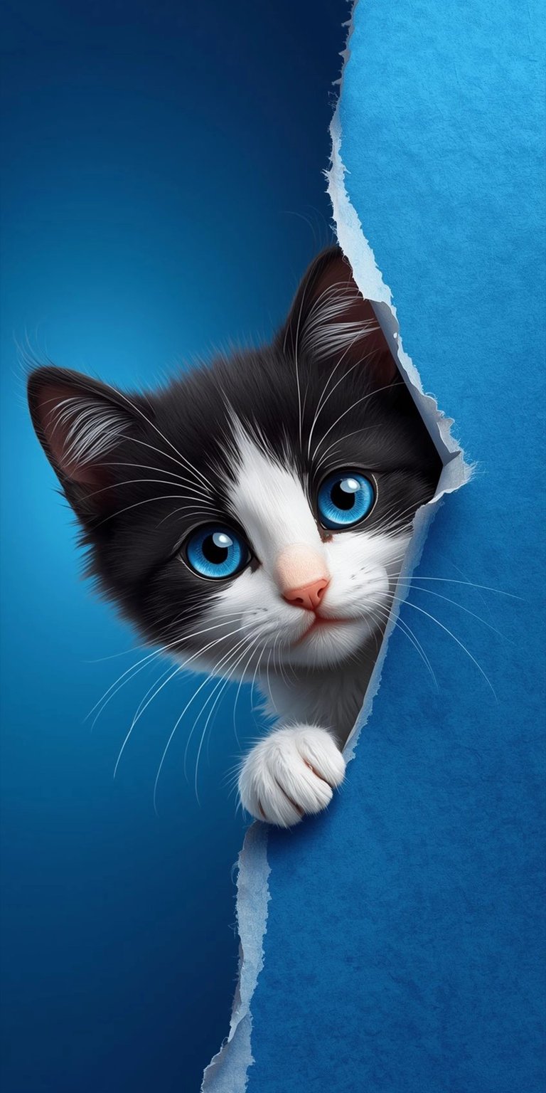 Download this cute Tuxedo cat wallpaper in 4K for your iPhone, featuring bright blue eyes and a torn paper effect. This adorable wallpaper showcases the cat's playful expression and tiny paw.