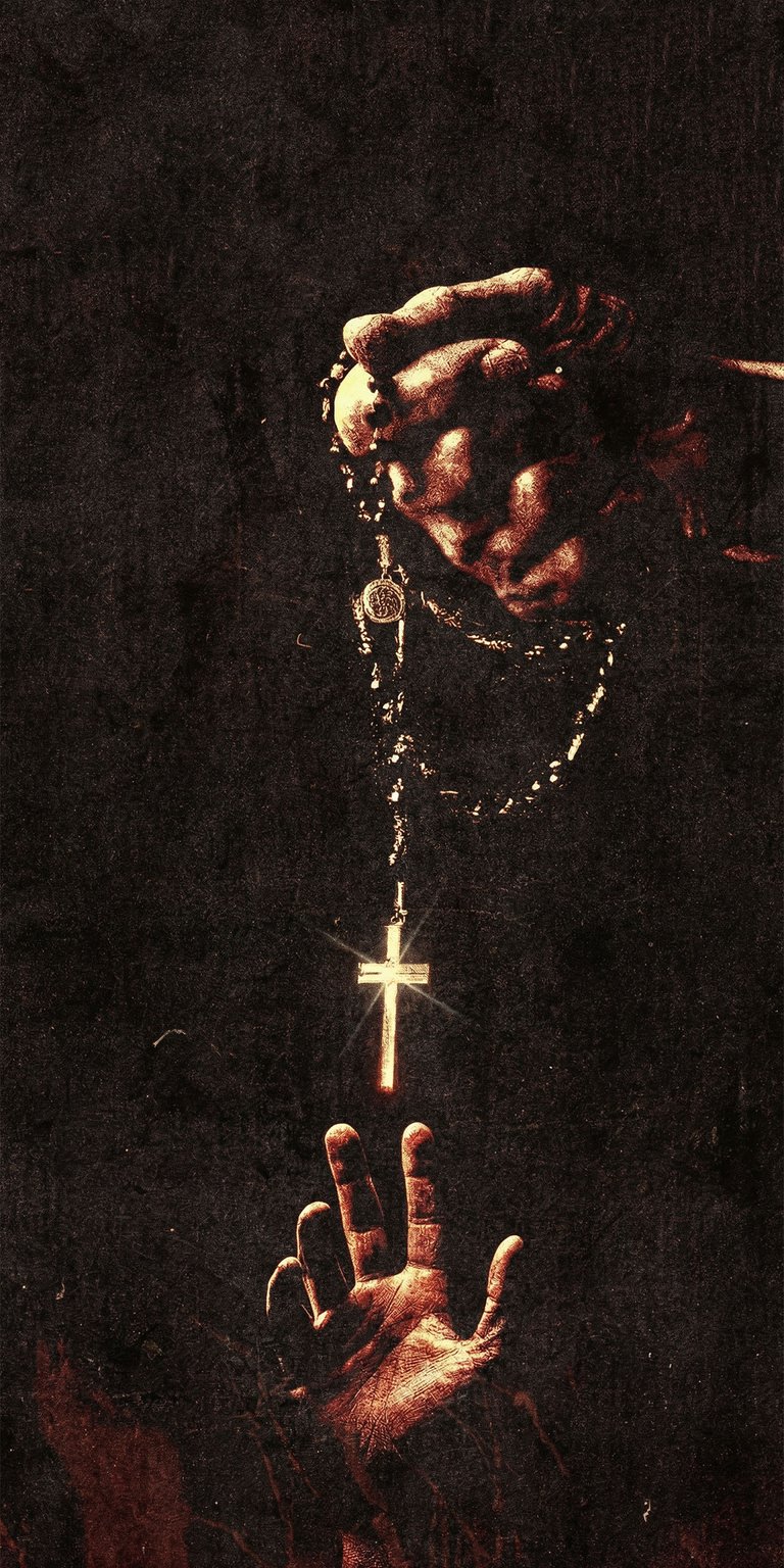 Download this evocative Jesus Christ wallpaper in stunning 4K resolution for your iPhone. Witness a cross emitting light above reaching hands, while a rosary hangs from above.