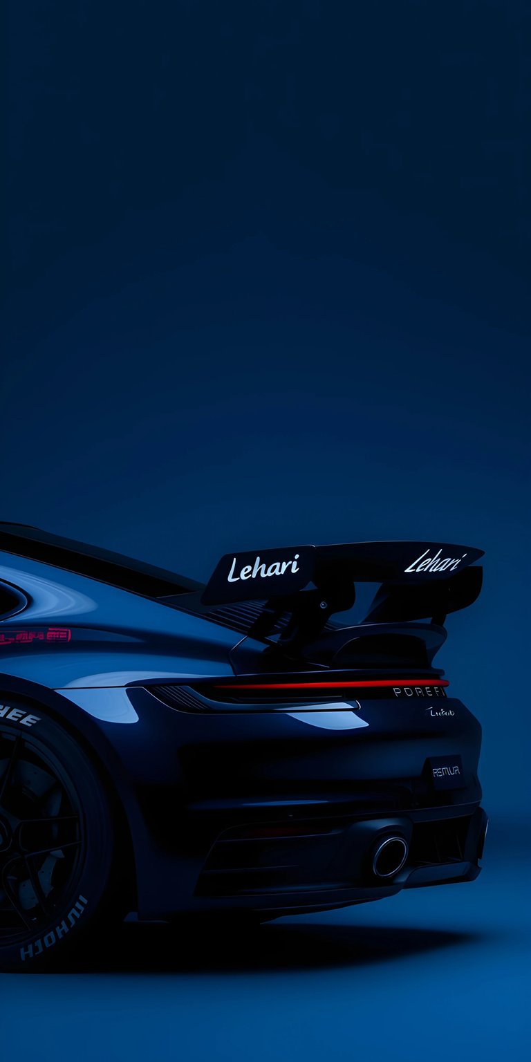 This stunning 4K wallpaper showcases a Porsche with a sleek rear view, complete with a 'Lehari' spoiler and visible tire tread. It's the perfect wallpaper for your iPhone, highlighting the car's elegant design against a deep blue backdrop.