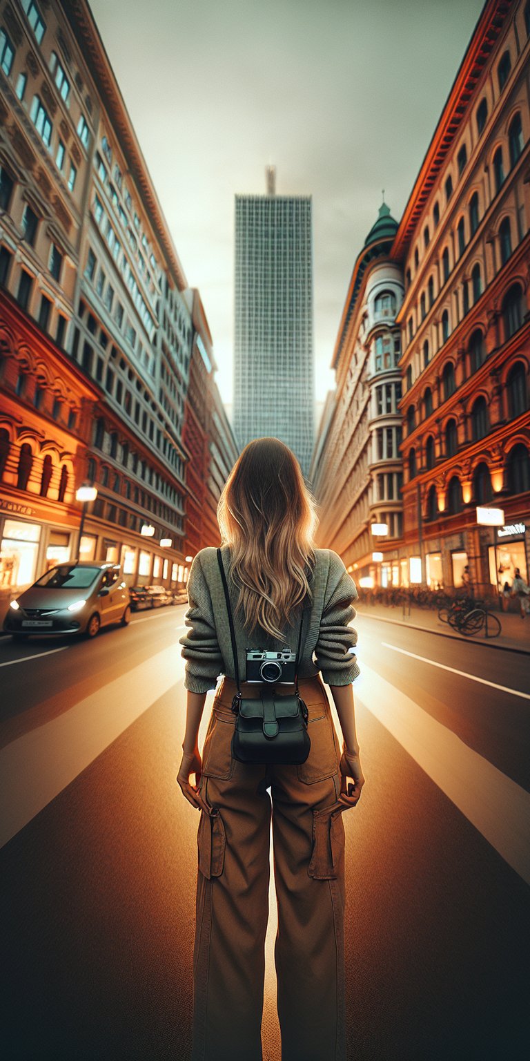 Young girl staring at the tall building while standing in the middle of the road wallpaper