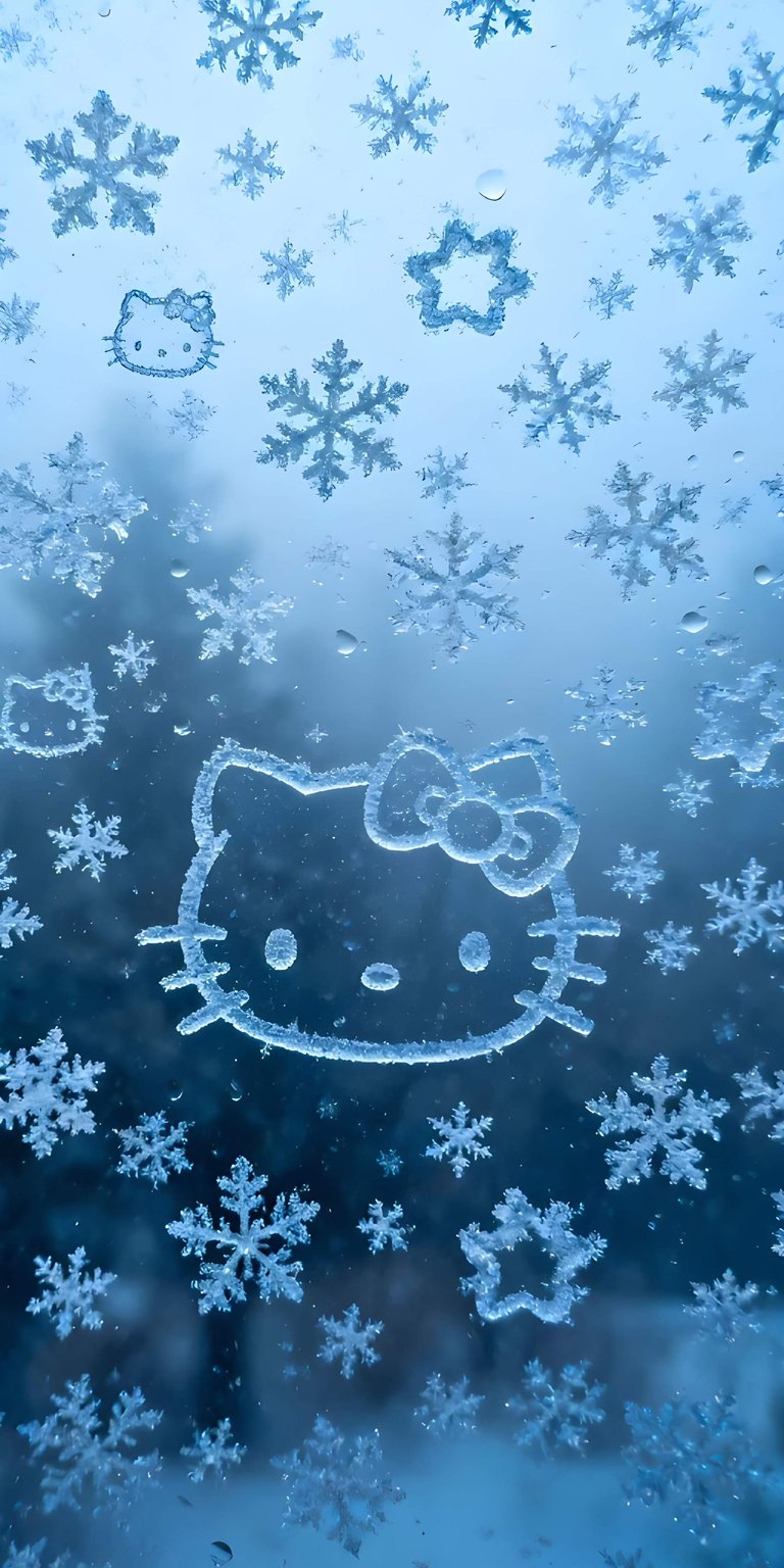 Adorn your iPhone with this stunning 4K Hello Kitty wallpaper, showcasing the iconic character rendered in delicate ice crystals amidst a flurry of snowflake patterns and subtle water droplets. This wallpaper captures the charm of winter with both Hello Kitty faces, a star, and the bow.