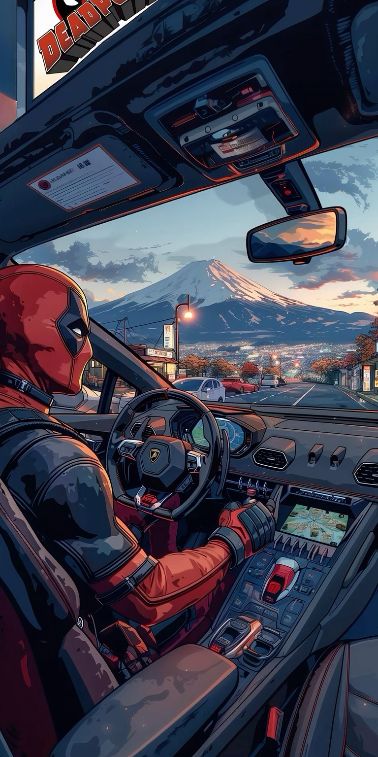 Deadpool driving Lamborghini wallpaper