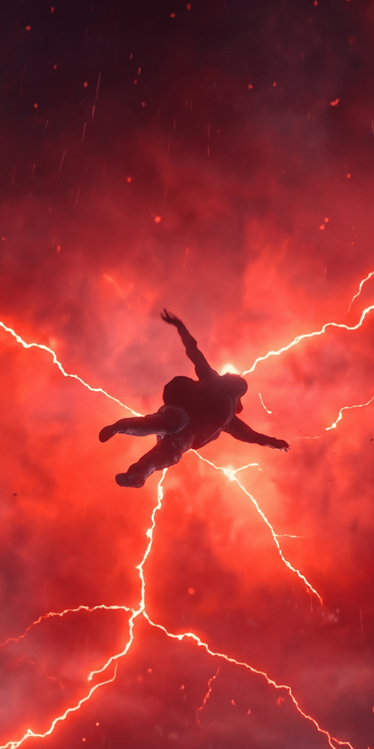 Download this stunning Icarus 4K wallpaper for your iPhone, showing the figure falling amidst a red, stormy sky with striking white lightning. This wallpaper captures a moment of dramatic descent, featuring a blend of dark silhouette against the vibrant backdrop.