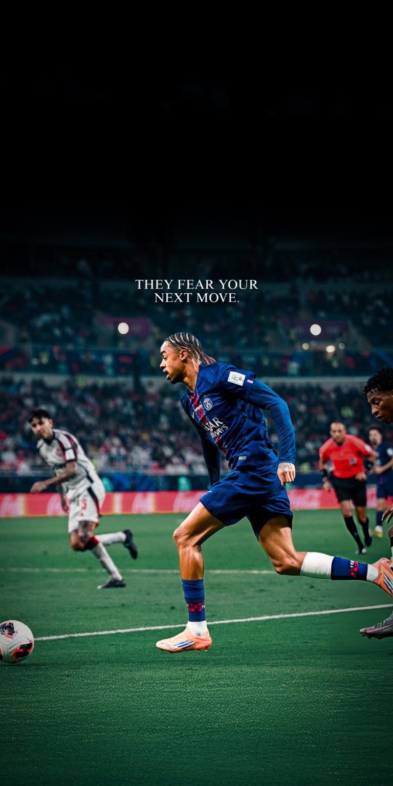 A vibrant, action-oriented wallpaper highlighting Paris Saint-Germain’s rising talent, Bradley Barcola. The edit showcases the winger mid-stride with the bold quote "THEY FEAR YOUR NEXT MOVE." This high-resolution background captures the energy of Ligue 1 and the new generation of French football excellence.