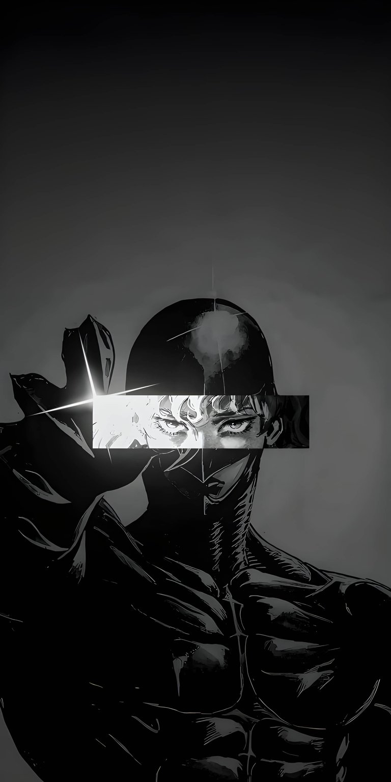 Download this striking Griffith 4K wallpaper for your iPhone. This anime wallpaper features a monochromatic aesthetic, a piercing gaze, and a geometric block across the face.