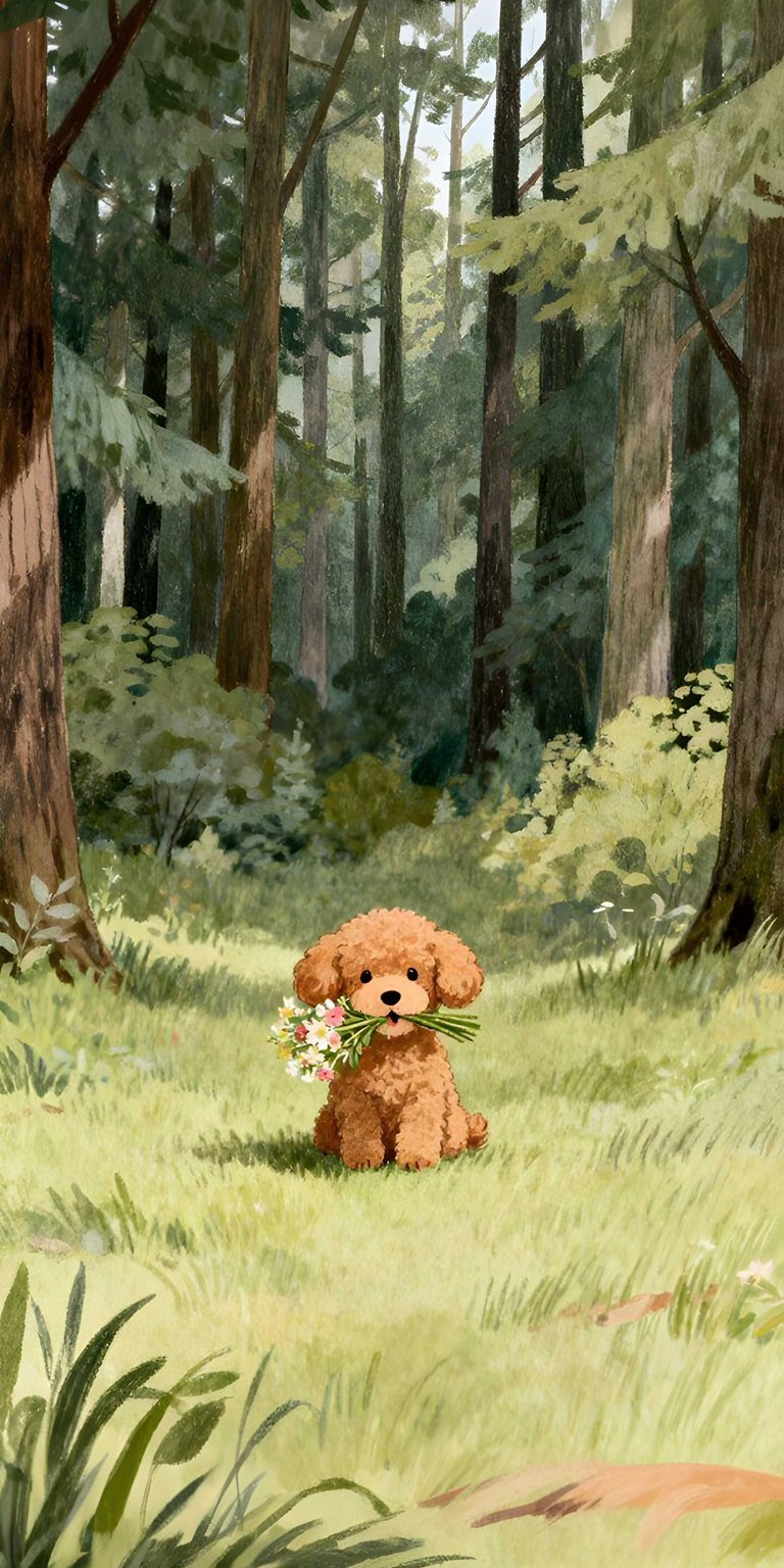 An adorable brown toy poodle sits in a sun-drenched forest holding a bouquet of wildflowers in this aesthetic wallpaper. Perfect for your iPhone, this 4K wallpaper features soft painterly textures and a peaceful woodland atmosphere.