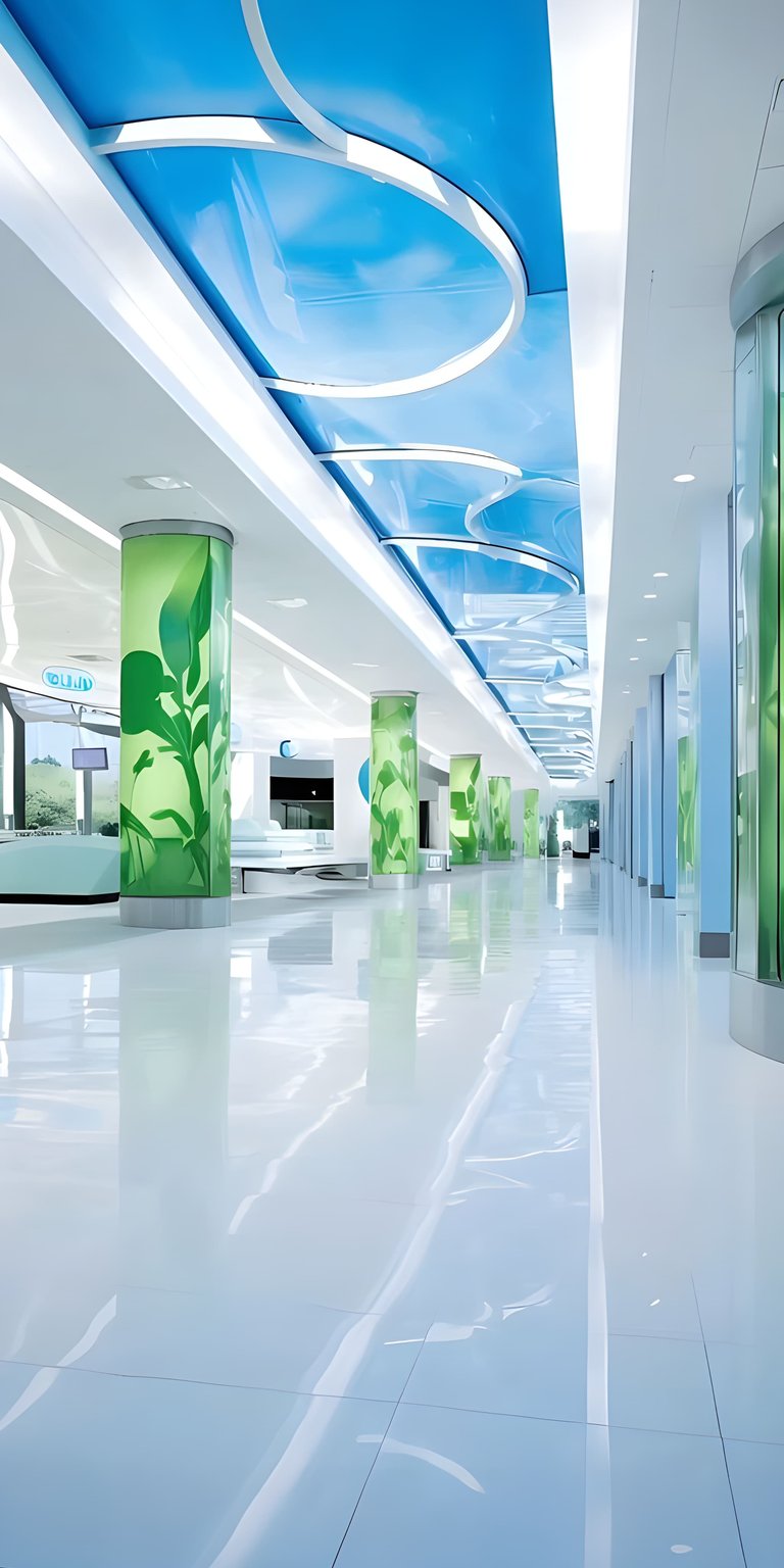 Download this stunning hospital interior 4K wallpaper for your iPhone. This wallpaper features shiny tile floors reflecting light, blue architectural lighting and green botanical designs on the pillars.