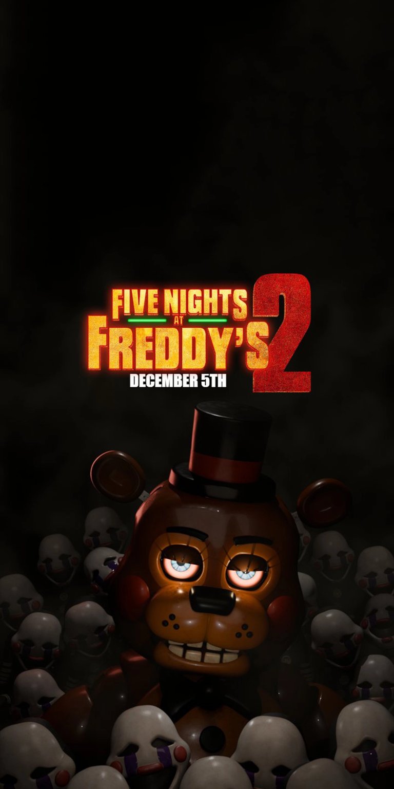This intense 4K wallpaper features the iconic Freddy Fazbear in his updated Five Nights at Freddy’s 2 cinematic look. Set against a pitch-black background with a sea of puppet-like masks at his feet, Freddy’s glowing eyes and mechanical detail are brought to life in stunning clarity. A must-have for gamers and horror enthusiasts looking to celebrate the return of the Fazbear gang.