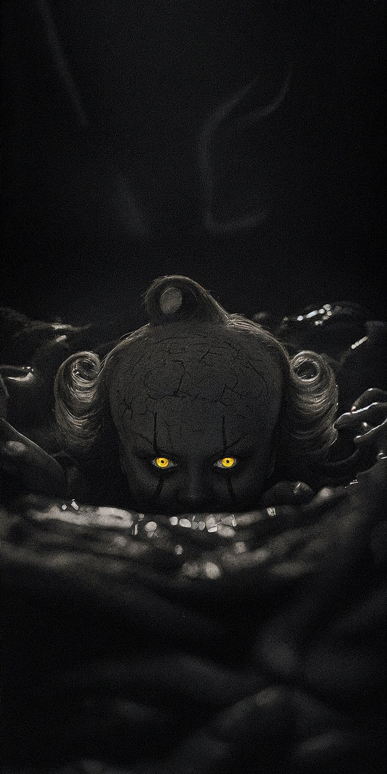 Download this Pennywise wallpaper in stunning 4K for your iPhone, featuring the creepy clown emerging from the depths. Notice his cracked forehead, piercing yellow eyes, and dripping, sinister appearance, making it a perfect horror wallpaper.