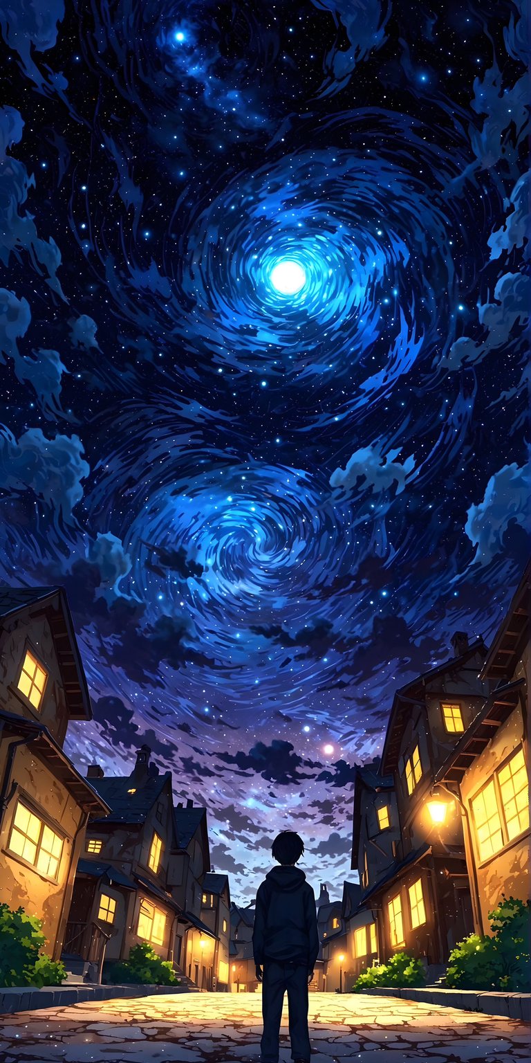 Boy standing under the swirling sky wallpaper