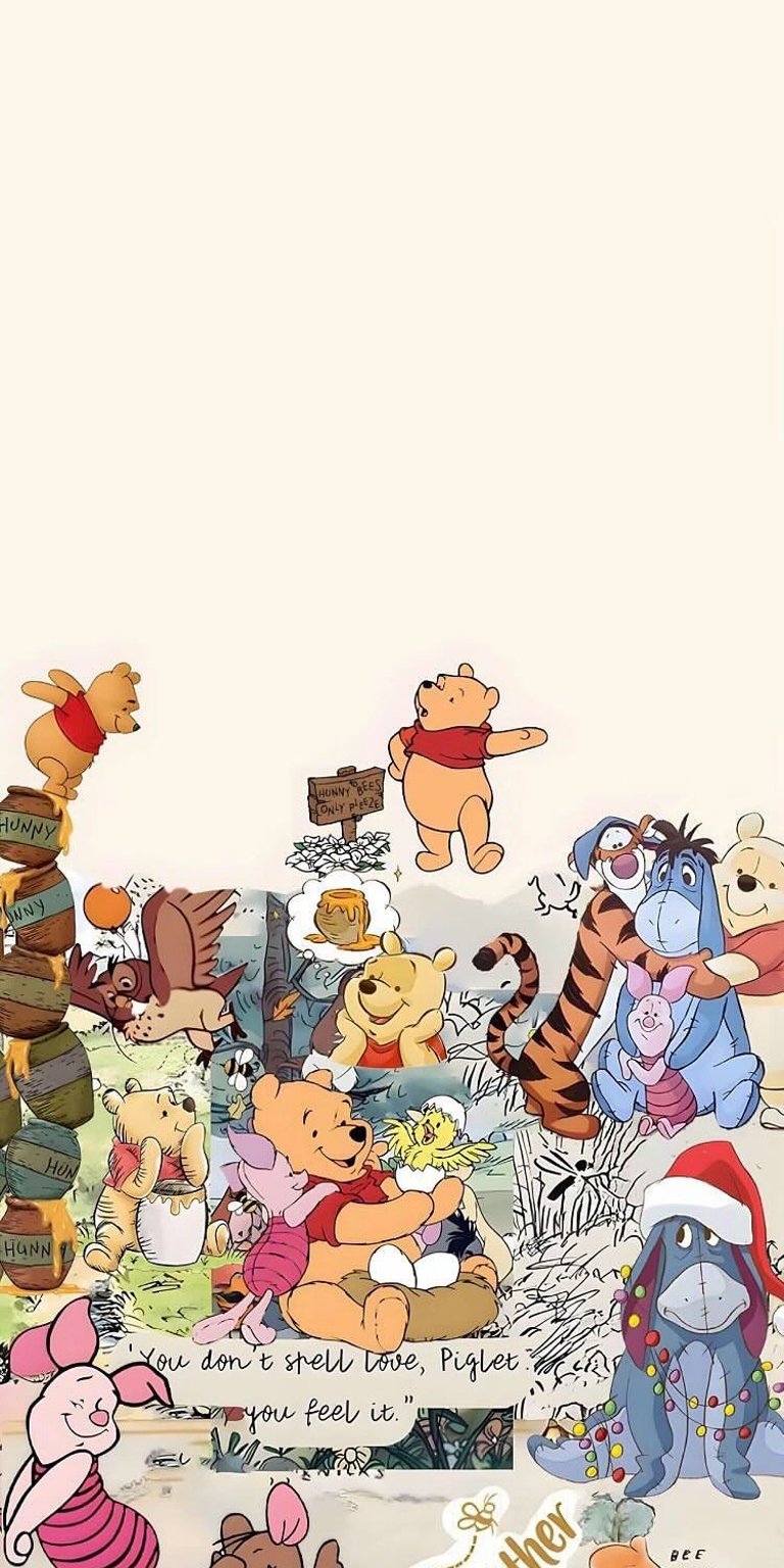 Download this charming Winnie Pooh 4K wallpaper for your iPhone, featuring a stack of honey pots, Tigger's stripes, and Eeyore with a Christmas hat. This Winnie Pooh wallpaper will add a touch of whimsy to your device.