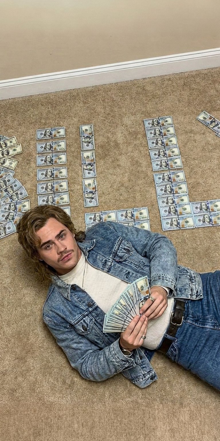 Download this striking Billy Hargrove 4K wallpaper for your iPhone, featuring him surrounded by stacks of hundred dollar bills spelling out “BILLY”. This aesthetic wallpaper captures him in a denim jacket, holding a fan of cash, and looking cool and casual.