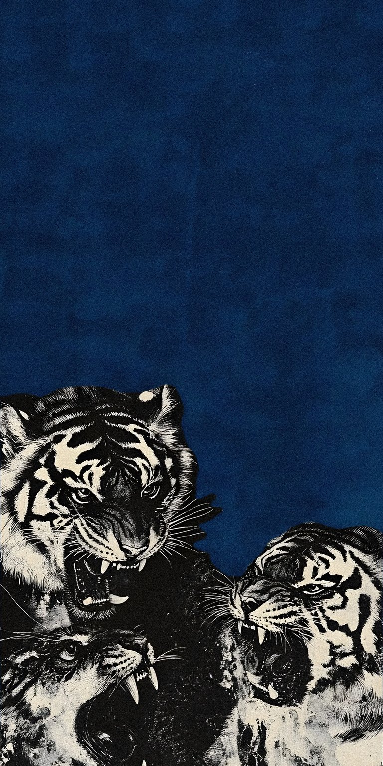 Roaring Tiger 4K wallpaper for your iPhone. This stunning wallpaper features a trio of snarling tigers with exposed fangs and sharp claws against a deep blue background.
