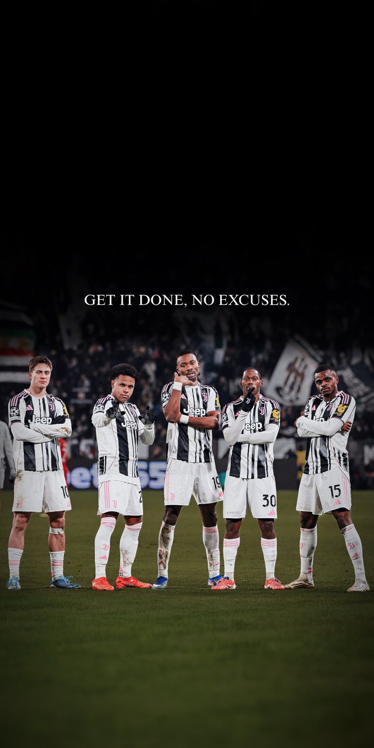 This Juventus team 4K wallpaper is optimized for iPhone users who love high-contrast OLED wallpapers. The image features five players in their classic white and black striped kits posed against a dark, atmospheric stadium background with a centered motivational quote.