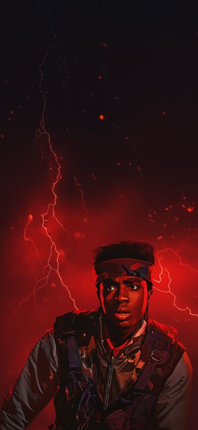 Download this Stranger Things matching wallpaper in stunning 4K for your iPhone. Witness Dustin using his walkie-talkie amidst a backdrop of fiery red lightning.