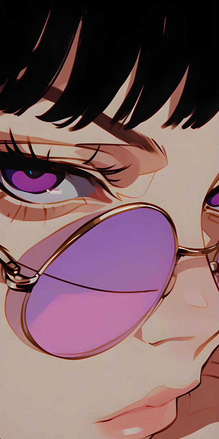 Download this striking anime girl 4K wallpaper for your iPhone, showcasing detailed eyelashes and bold purple eyes. The vibrant purple sunglasses add a unique, stylish touch to this mobile wallpaper.