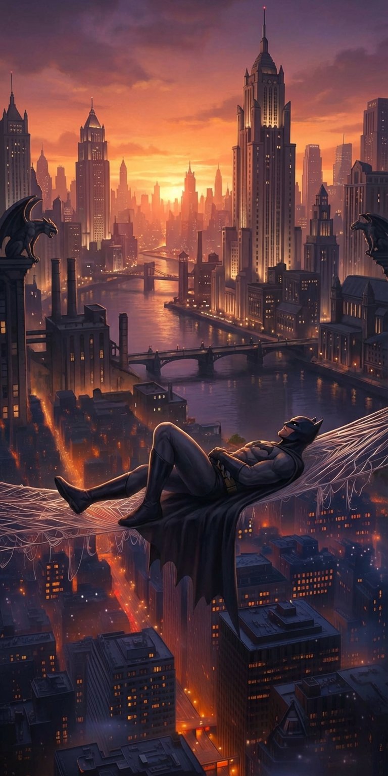 Batman Static wallpaper featuring the dark superhero standing against a moody city backdrop with deep shadows and glowing highlights. This wallpaper delivers strong contrast, dramatic lighting, and a cinematic Aesthetic wallpapers style perfect for iPhone lock screen and home screen.