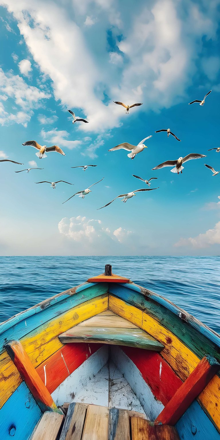 This vibrant 4K wallpaper features a colorful wooden boat sailing across a crystal-clear tropical sea for your iPhone. Download this high-resolution wallpaper to enjoy detailed ocean waves and seagulls flying under a bright blue sky.