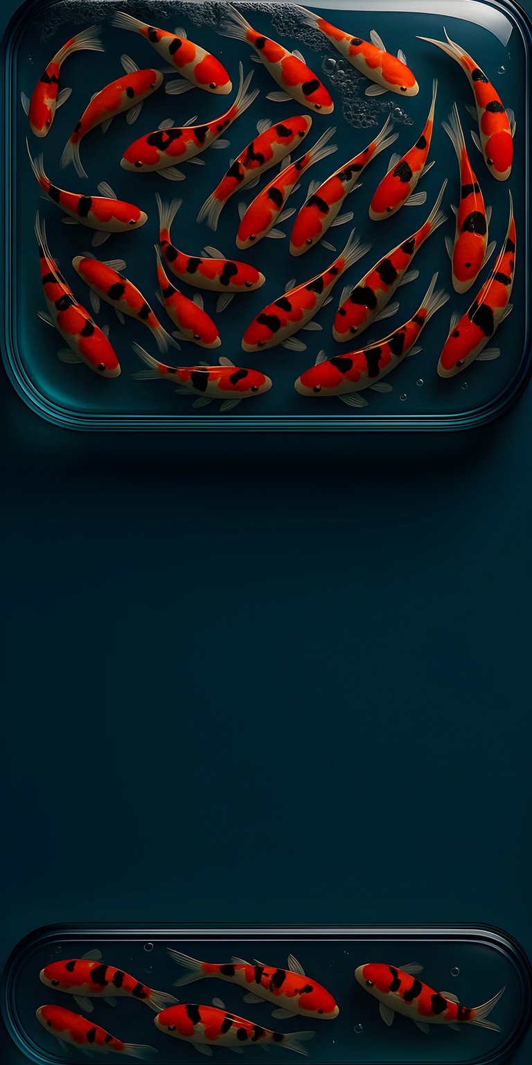 Vibrant orange and black Koi fish swim across a deep teal surface in this immersive 3D wallpaper. The fluid movement and rich colors make this a standout choice for an iPhone home screen.