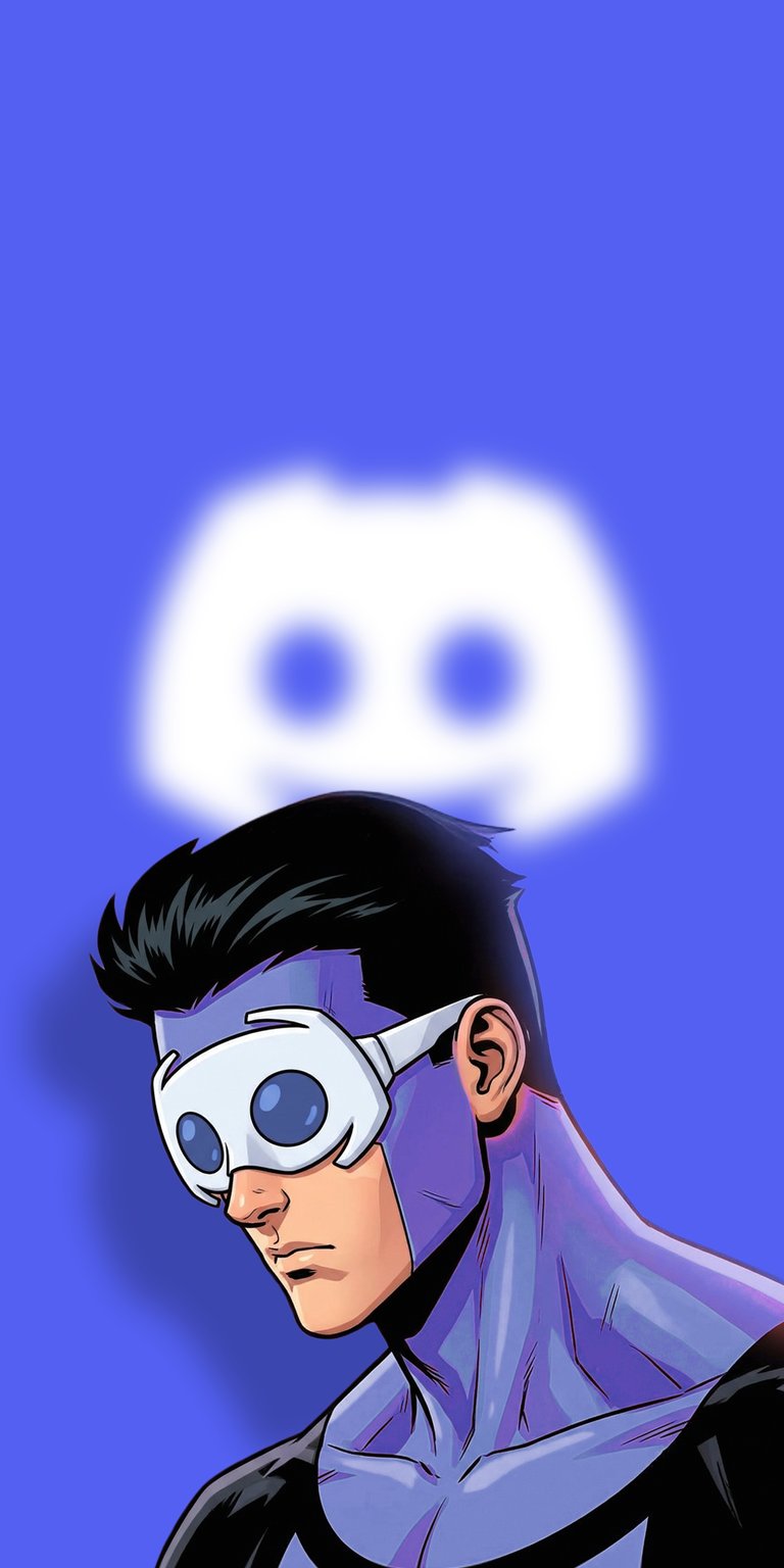 This official character wallpaper features the powerful Omni-Man from the Invincible series. An iconic anime wallpaper showcasing his stoic expression against a blurred Discord logo background for your iPhone.