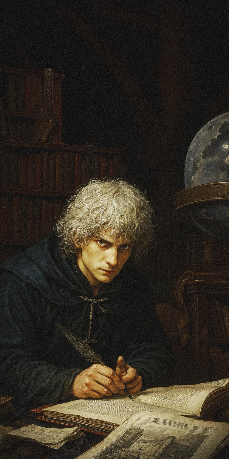 Download this striking 4K wallpaper of a philosopher diligently writing with a quill, perfect for your iPhone. The scene is illuminated by a nearby globe, with aged books filling the background shelves.