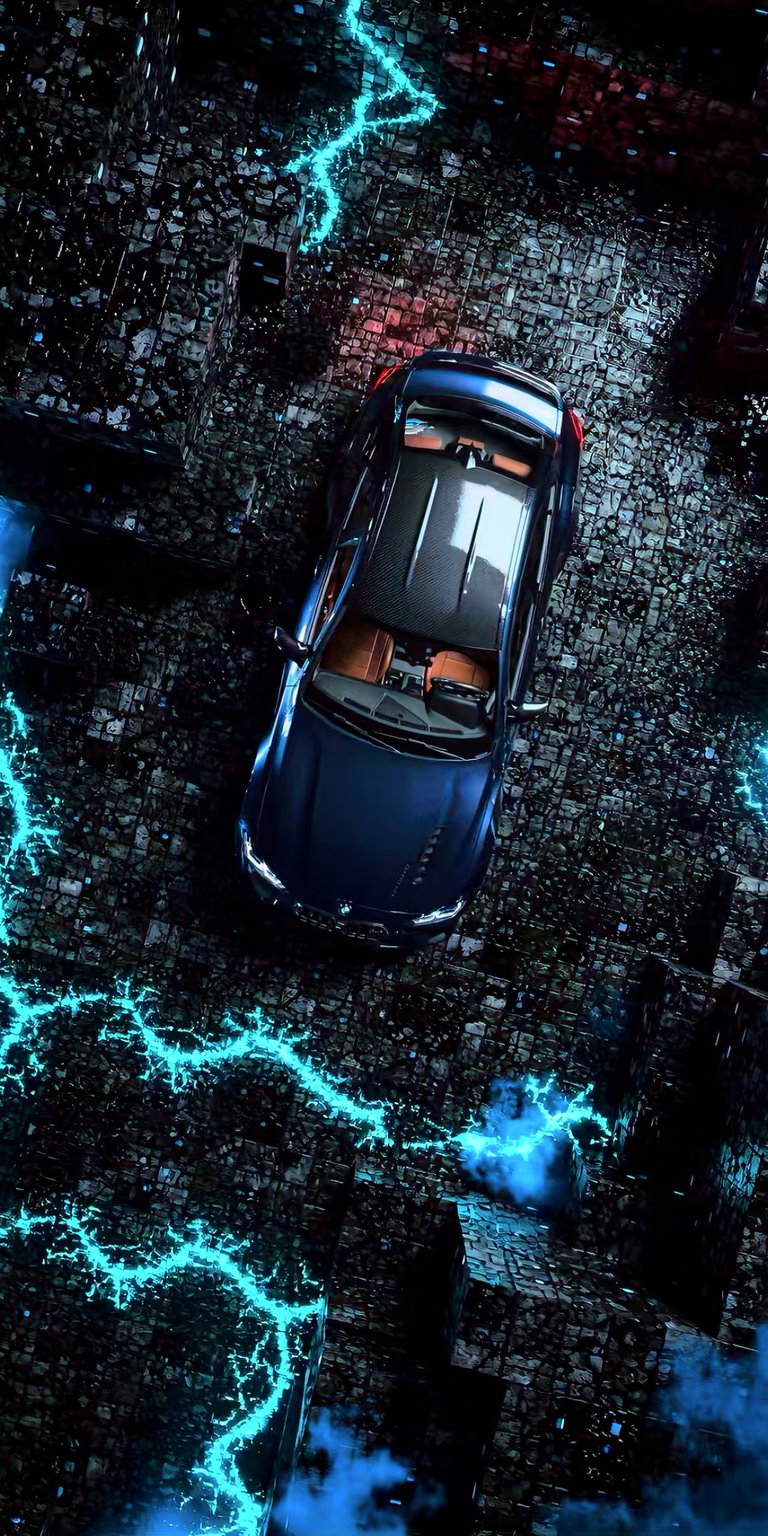 A high-octane visual featuring a BMW M4 surrounded by a chaotic web of electric blue lightning. The car is positioned over a dark, textured grid reminiscent of motherboard components or urban ruins, creating a powerful fusion of automotive excellence and supernatural energy.