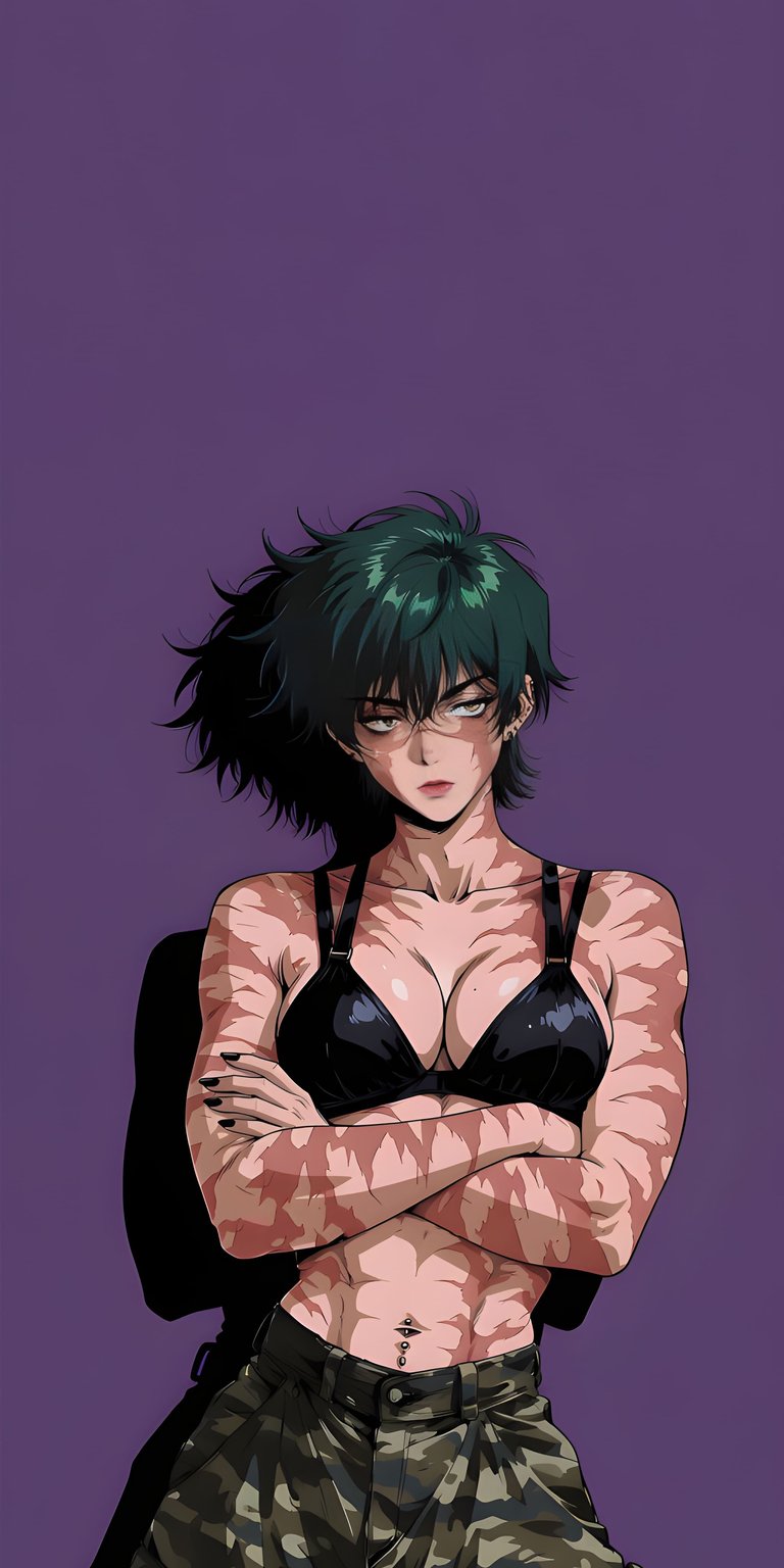 Download this Maki Zenin 4K wallpaper for your iPhone, showcasing her short green hair and tiger-stripe scars. This wallpaper captures her in a black bra and camouflage pants.