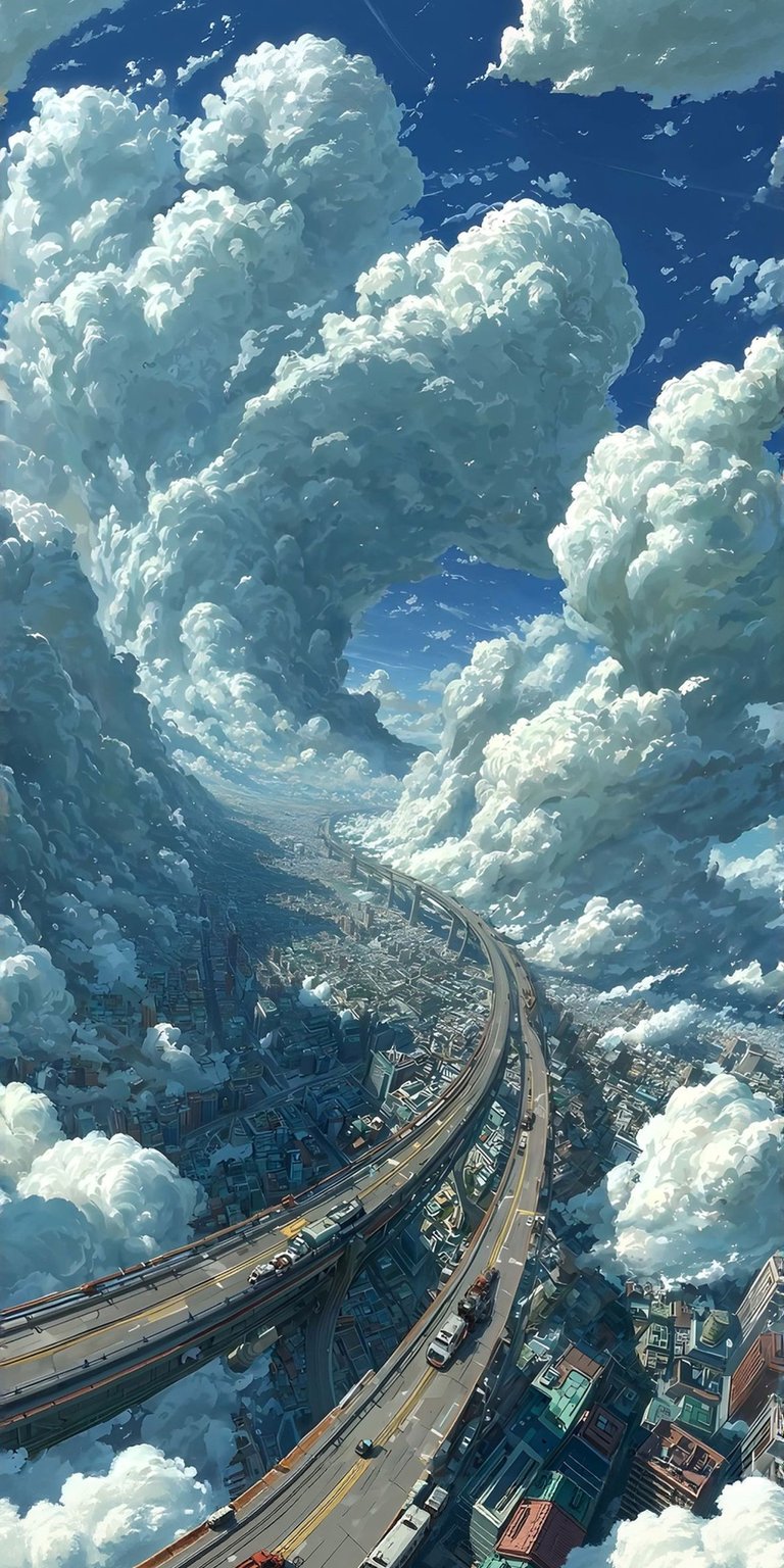 Experience incredible depth with this futuristic city sky highway 3D wallpaper designed for high-resolution mobile screens. This 4K wallpaper features massive cumulus clouds, urban architecture, and a cinematic perspective of a floating expressway.