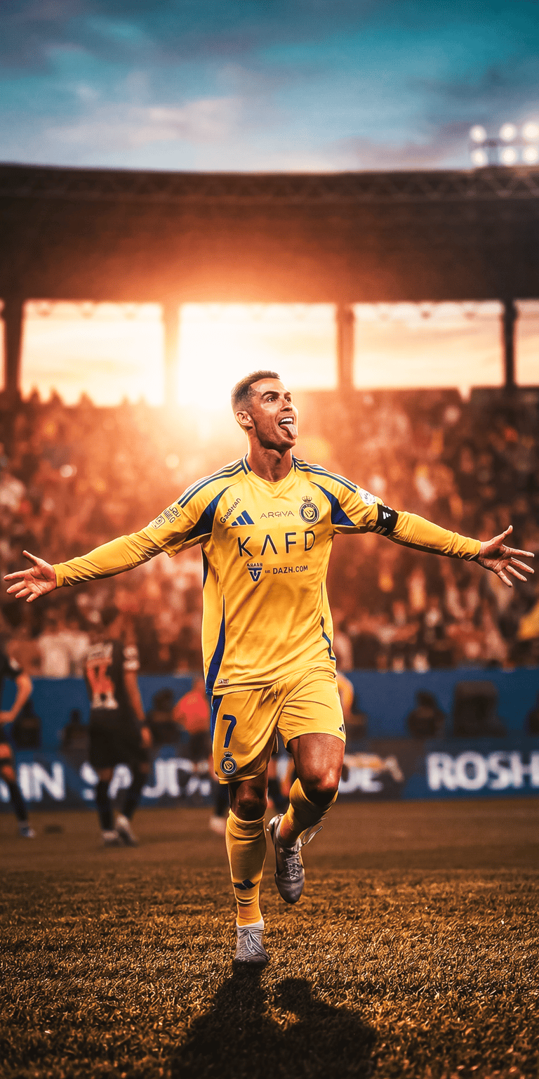 A powerful Cristiano Ronaldo 3D wallpaper showcasing the iconic player in his yellow Al-Nassr jersey. This sports aesthetic wallpaper brings a stadium atmosphere to your iPhone lock screen.