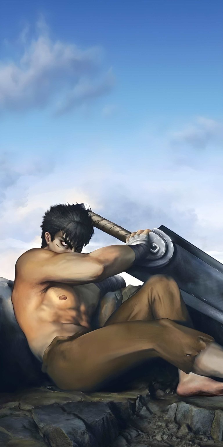 Download this stunning Guts 4K wallpaper for your iPhone, showcasing him with a massive sword and a determined gaze. This striking wallpaper captures the intensity of Guts against a backdrop of a cloudy sky and rugged terrain.